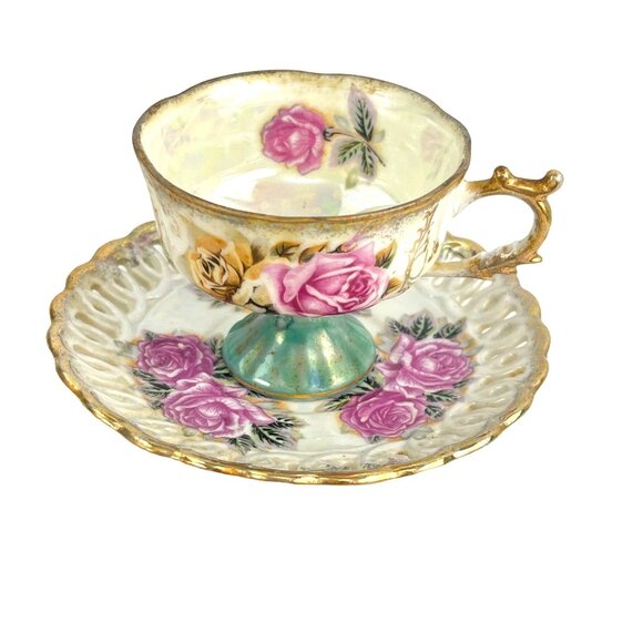 Vintage Lusterware Gilded Fine China Pearlized Tea Cup Reticulated Saucer Japan - Picture 2 of 9